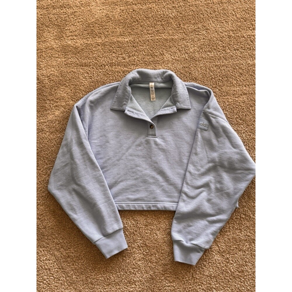 Alo Yoga Polo Pullover Womens Medium Blue Cropped Long Sleeve Collared Top - Picture 2 of 7